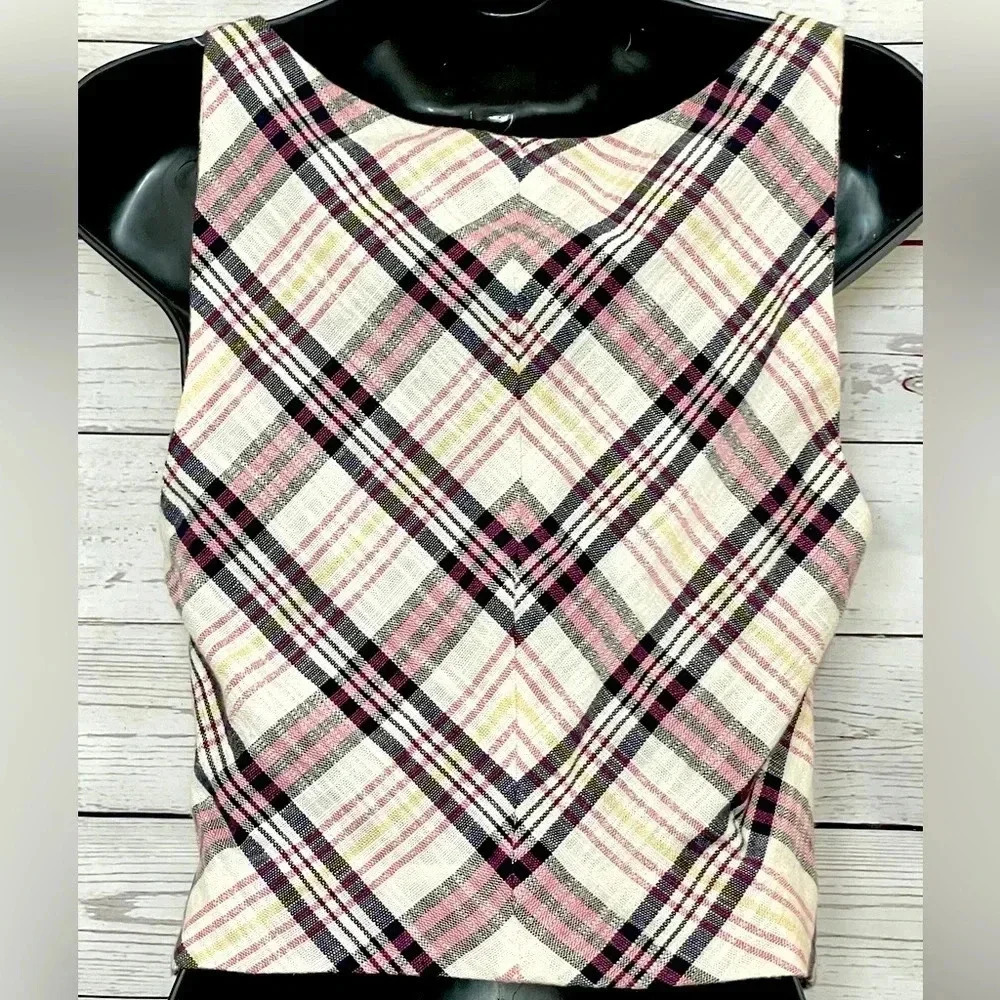 🎀EUC 🎀 Zara Womens TRF Plaid Crop Tank Top Sleeveless XS Bow Detail Pink Black - Picture 13 of 13